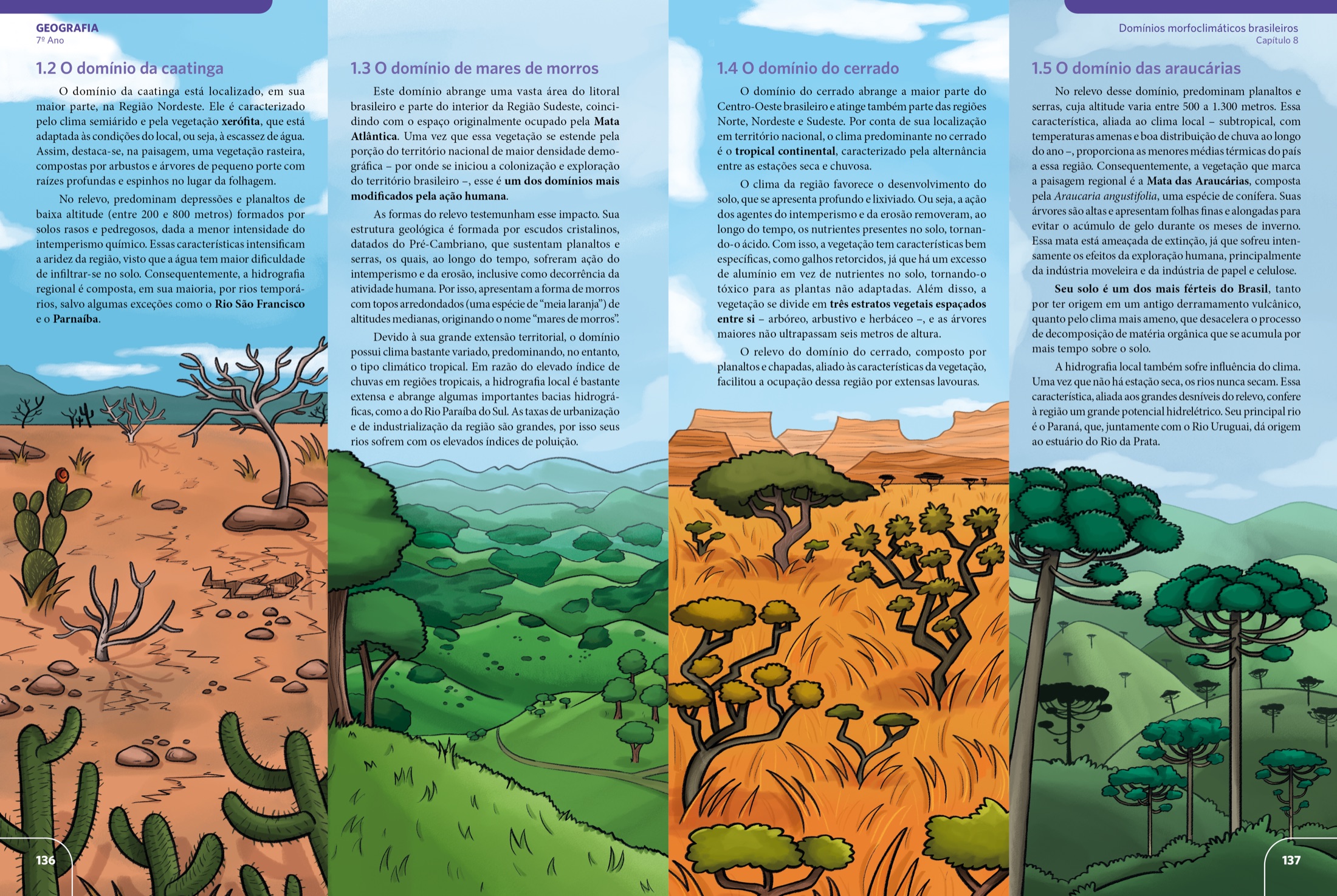 Página dupla de Geografia sobre domínios morfoclimáticos brasileiros.