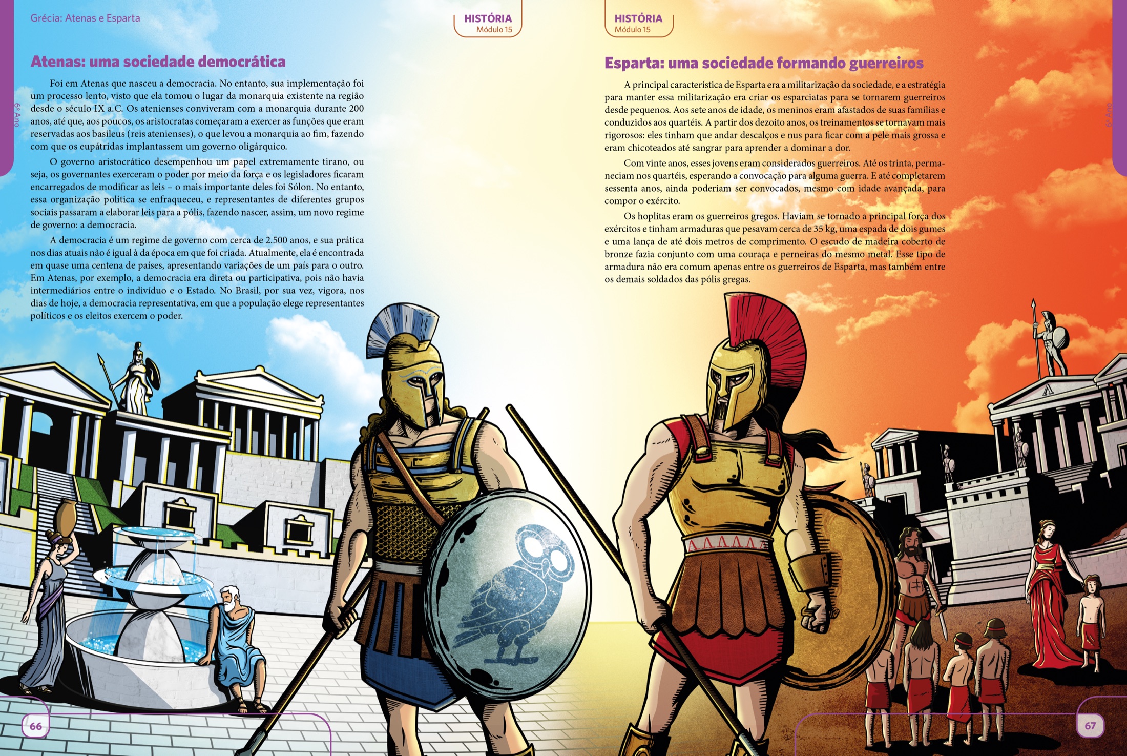 Página dupla de História sobre Atenas e Esparta.