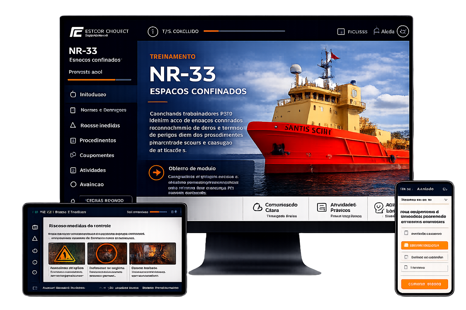 Mockup de treinamentos digitais de Normas Regulamentadoras em desktop, tablet e celular.